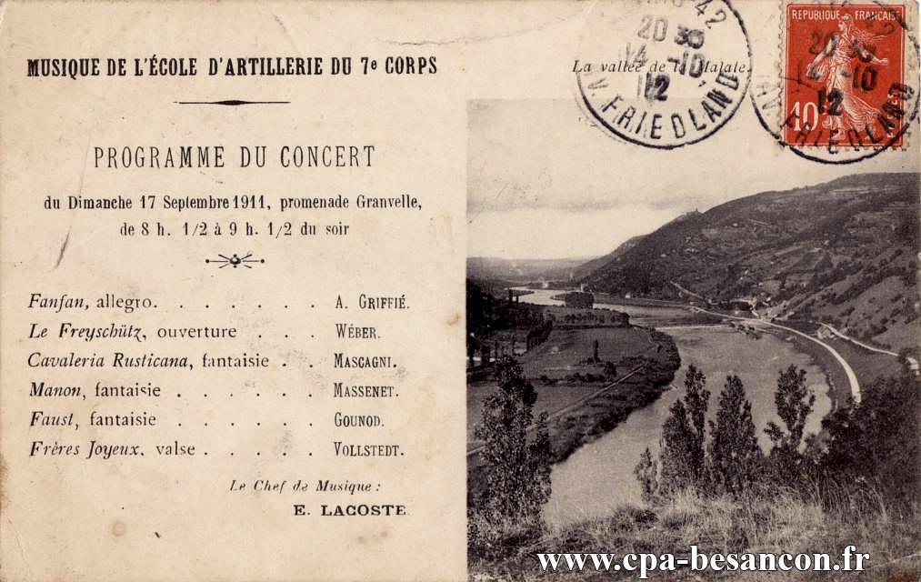 Musique de l’École d Artillerie du 7e Corps - Programme du Concert du Dimanche 17 Septembre 1911, promenade Granvelle, de 8 h. 1/2 à 9 h. 1/2 du soir - Besançon - Le Doubs à la Malate
